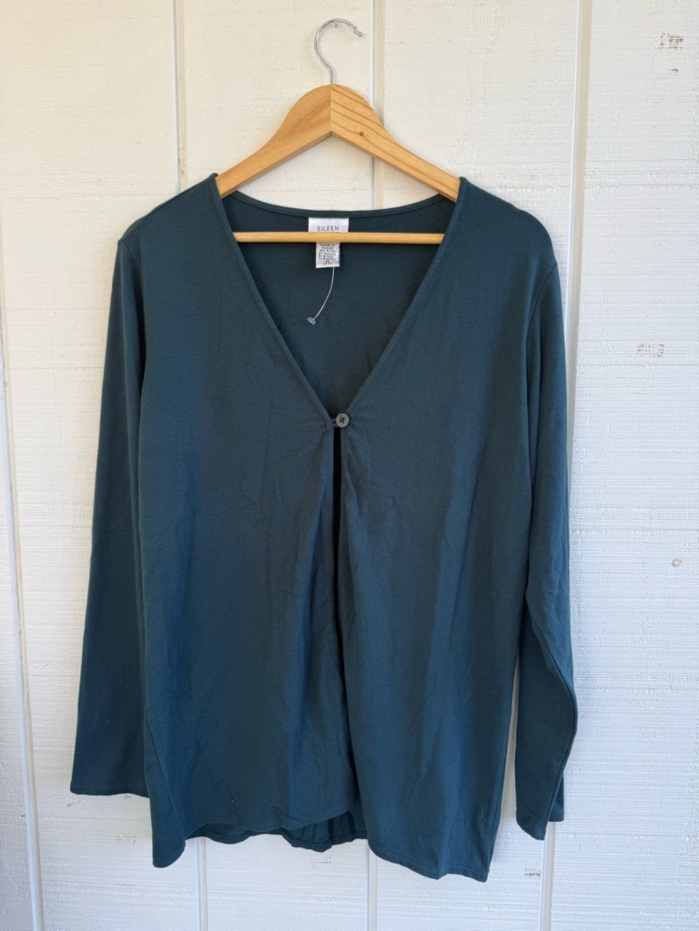 Eileen Fisher Teal Single-Button V-Neck Long Sleeve Rayon Cardigan Size Medium - Picture 2 of 4
